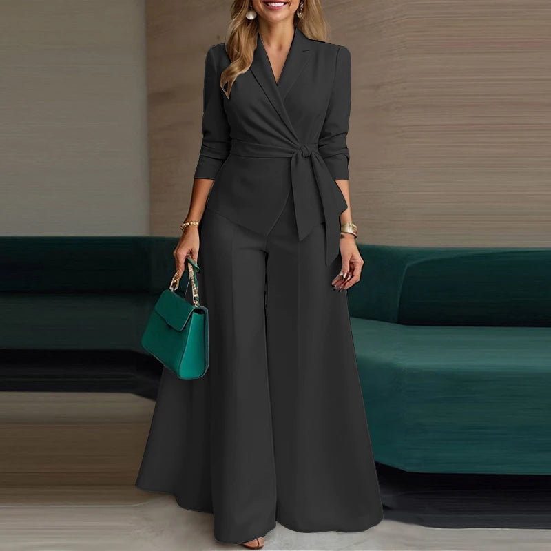 ZANZEA Elegant 2 Pieces Pant Sets Long Sleeve Belted Lightweight Blazer & Wide Leg Pant 2pcs Suits Office Lady Commuting Sets