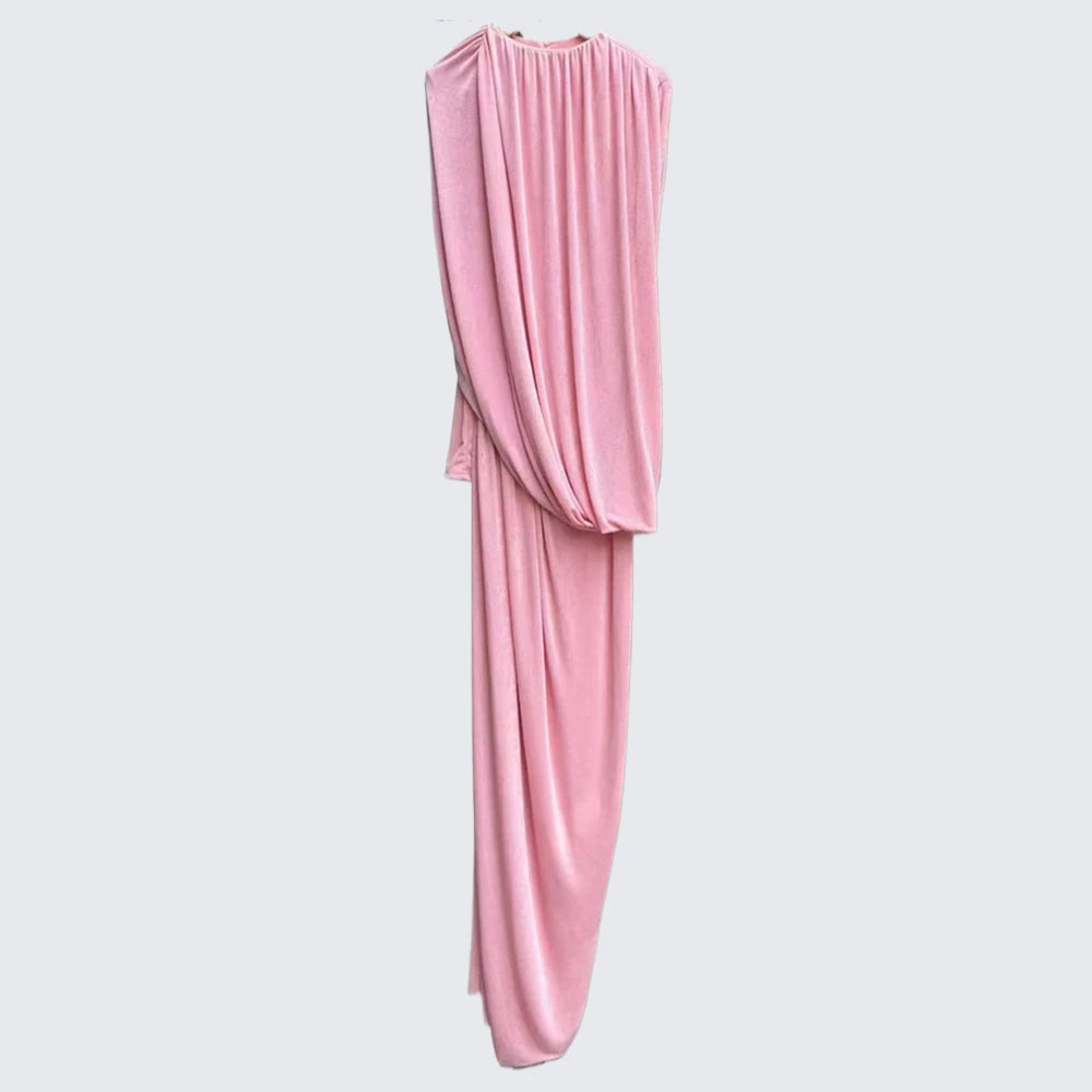 Spliced Folds Irregular Women Round Neck Long Sleeves Tunic Design Sense Long Dress