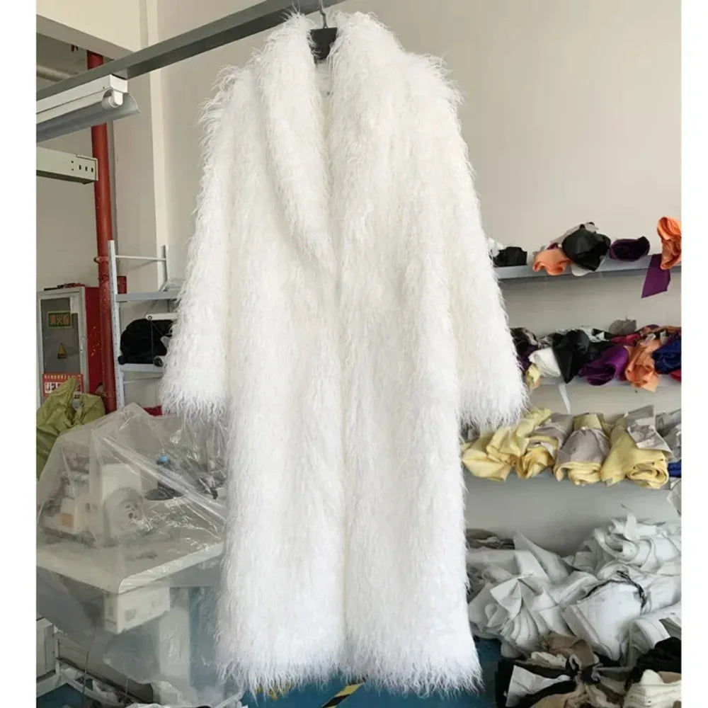 Faux Fur Jacket Women Long Coat Thick Fluffy Winter Warm Shaggy Overcoat Open