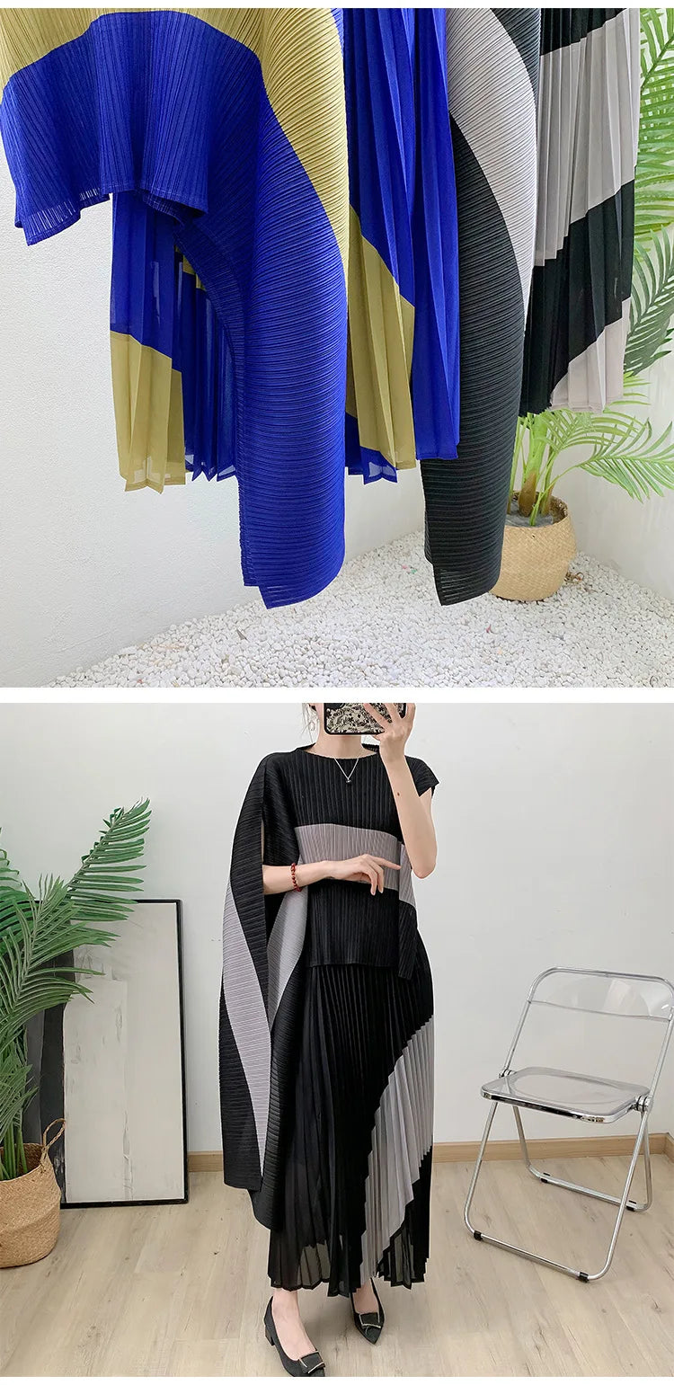 Miyake Fold 2025 Autumn Women's Color Matching New Set Shawl Irregular Top Long Elastic Waist Skirt Two-piece Set