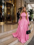 Elegant Luxury Pink Party Dress for Women Fashion High Waist Slim Dress Long Sleeves Maxi Evening Dress Wholesale Dropshipping