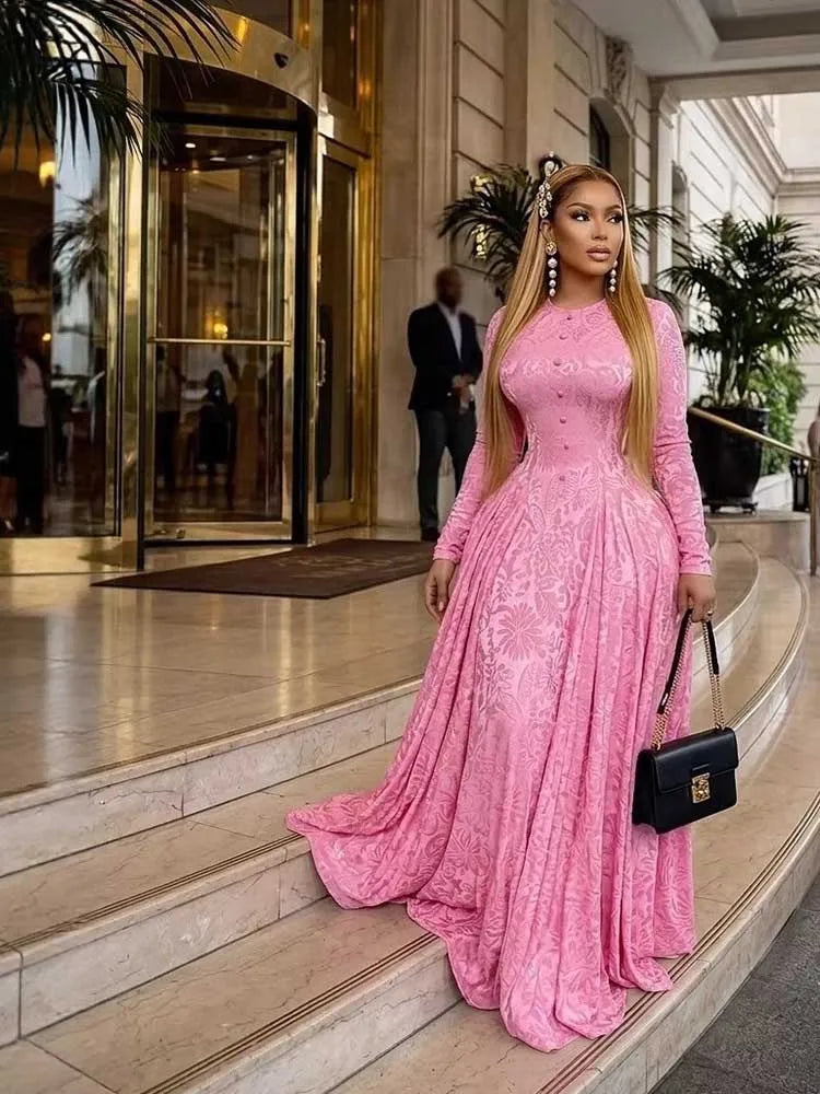 Elegant Luxury Pink Party Dress for Women Fashion High Waist Slim Dress Long Sleeves Maxi Evening Dress Wholesale Dropshipping