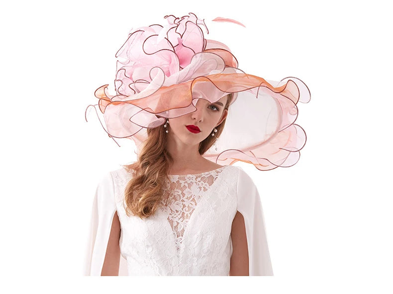 Summer Organza Kentucky Derby Hats For Women Elegant Fascinator Hats Ladies Large Wide Brim Church Wedding Hat With Big Flower
