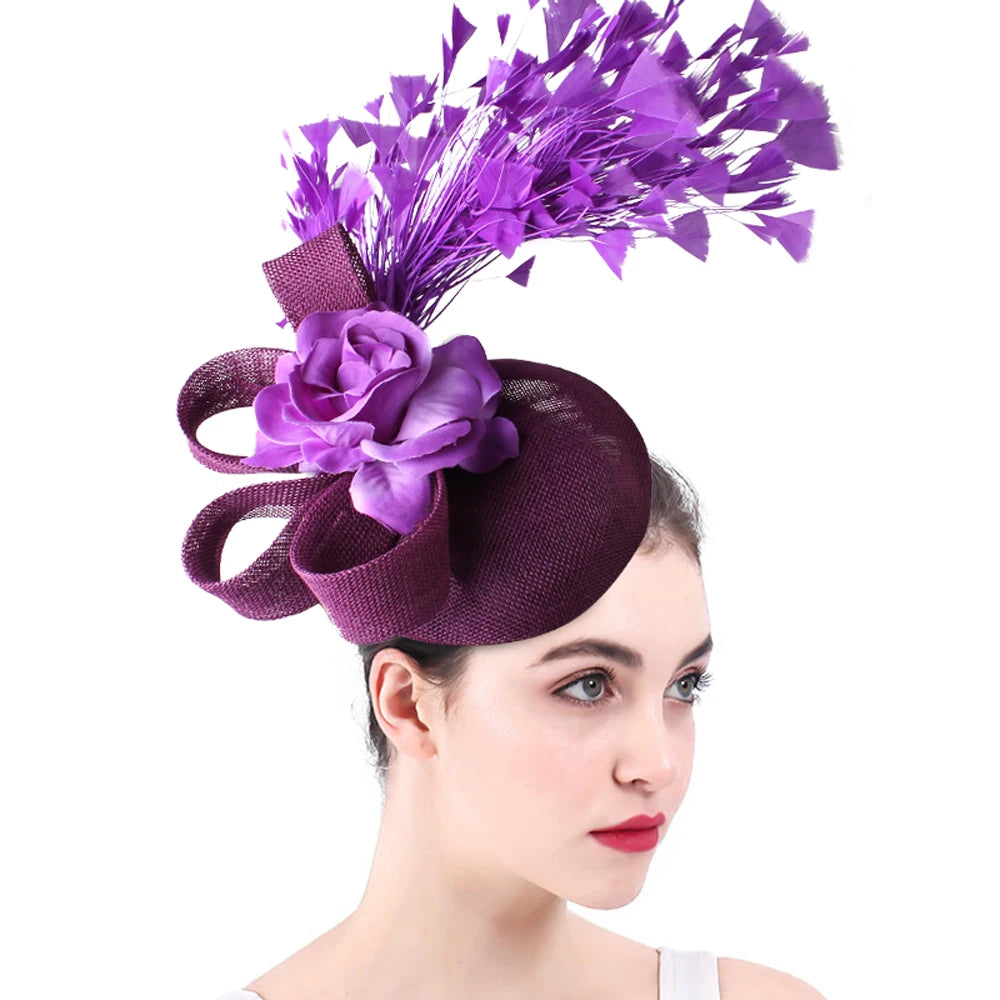Women's Fascinator Hat With Rose Flower  Elegant Weddings Pillbox Cap Beautiful Luxury Derby Hat Chapeau