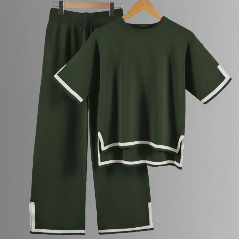 Two-piece Summer New Knitted Elegant Trousers Suit Short-sleeved Pullover Wide-leg Pants Casual Home Two-piece Women's Set