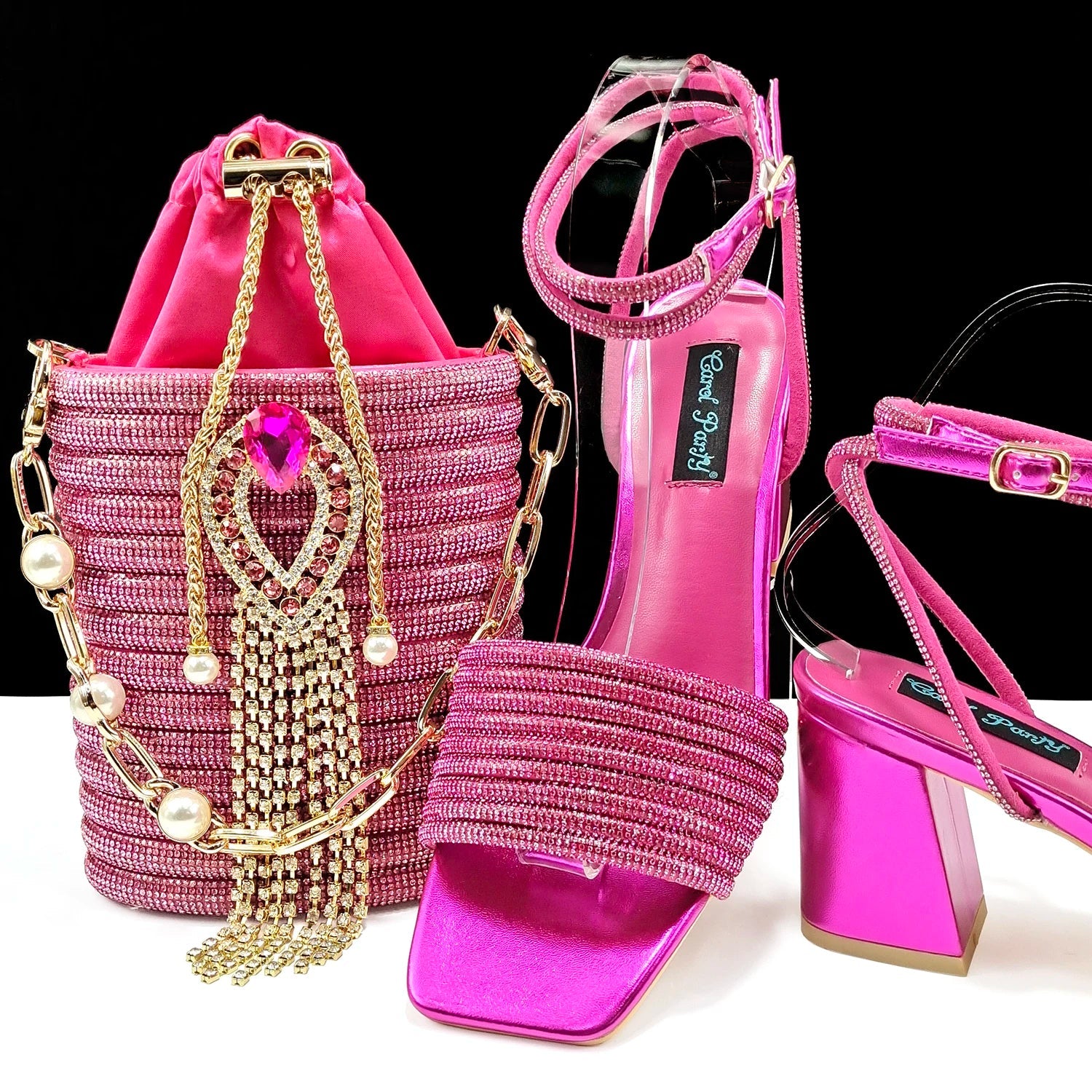 Olive Colour Personalised Design Rhinestone Decoration High Heel Peep Toe Banquet Ladies Shoes And Bag Set