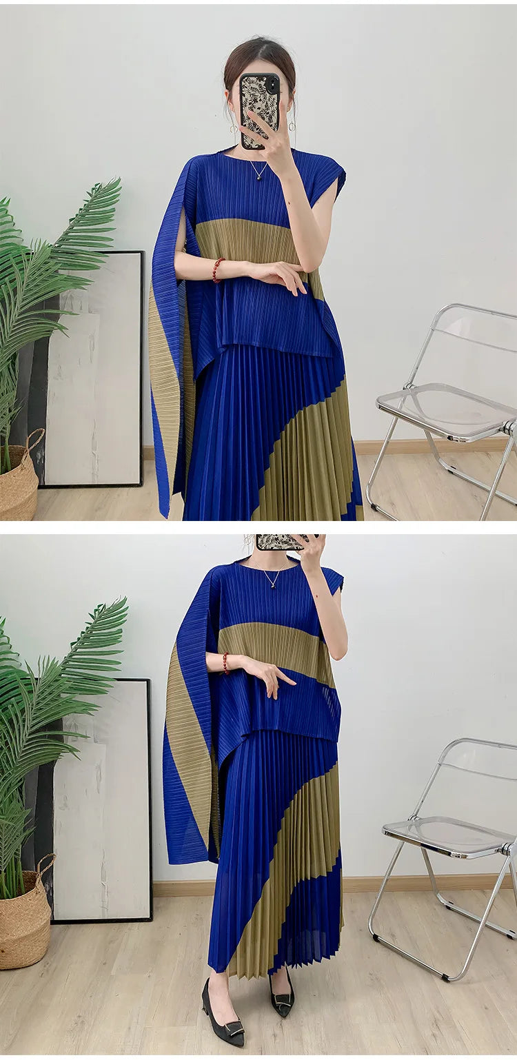 Miyake Fold 2025 Autumn Women's Color Matching New Set Shawl Irregular Top Long Elastic Waist Skirt Two-piece Set