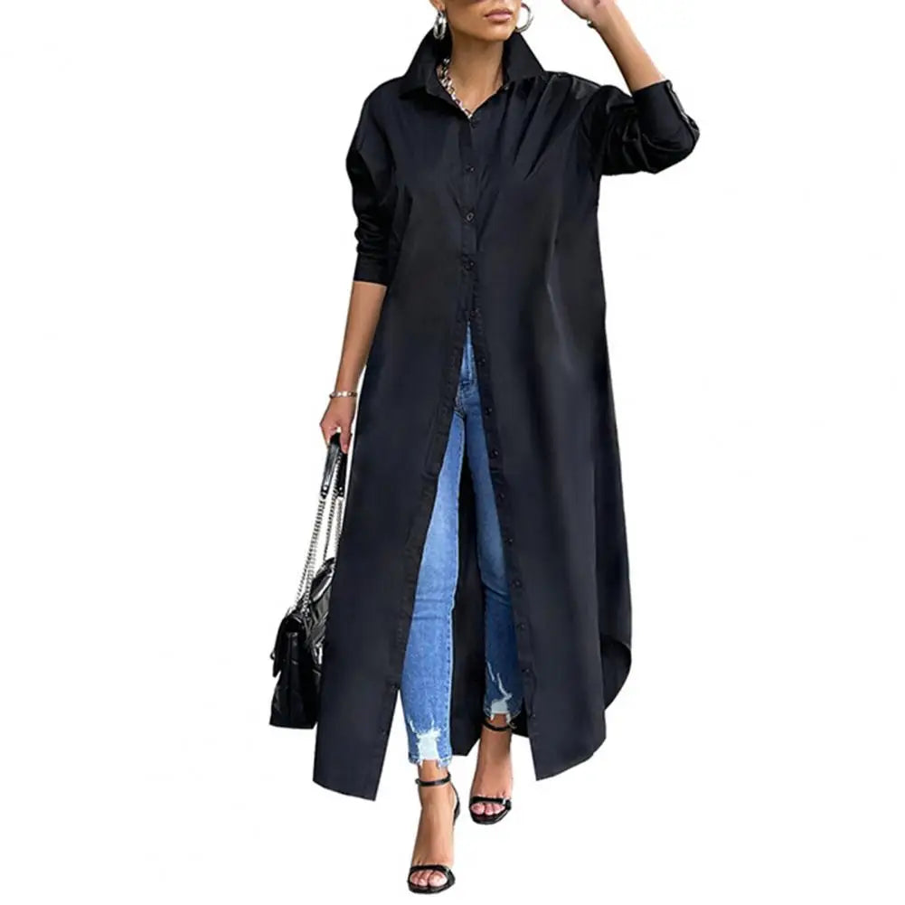 Women Shirt Windproof Shirt Dress Versatile Hem Stylish Autumn Winter Solid