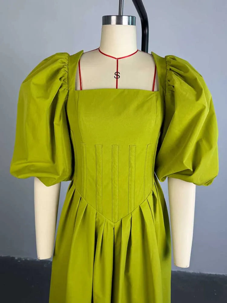 Women Ruched Dresses with Sleeves Spring High Waist Elegant Slash Neck Long Dress Sexy Green Dress Wholesale Dropshipping