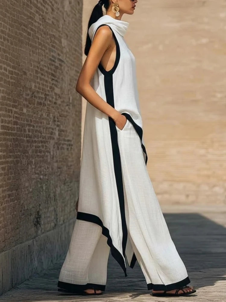 Women's Two-piece Sleeveless Contrasting Color Wide-leg Trousers 2026 Summer Casual Fashion Solid Color Irregular Suit For Women