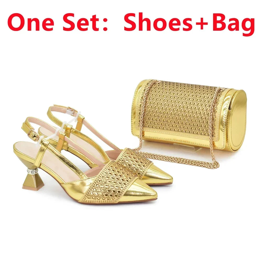 Matching Italian Shoe and Bag Decorated with Rhinestone for Women