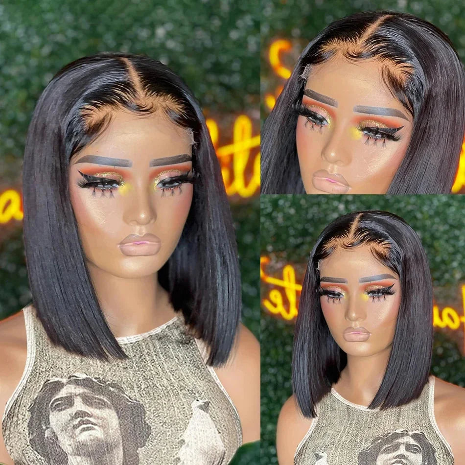 16Inch Vietnamese Super Double Drawn Bone Straight 13x4 Frontal Bob Wig with Human Hair Natural Black 210%Density For BlackWomen