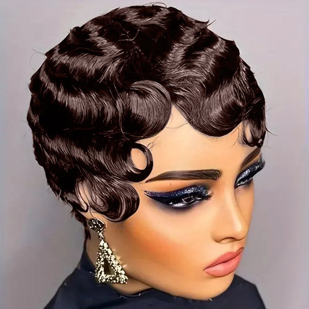 Women's Brown Short Ocean Pixie Wave 100% Human Hair Wig