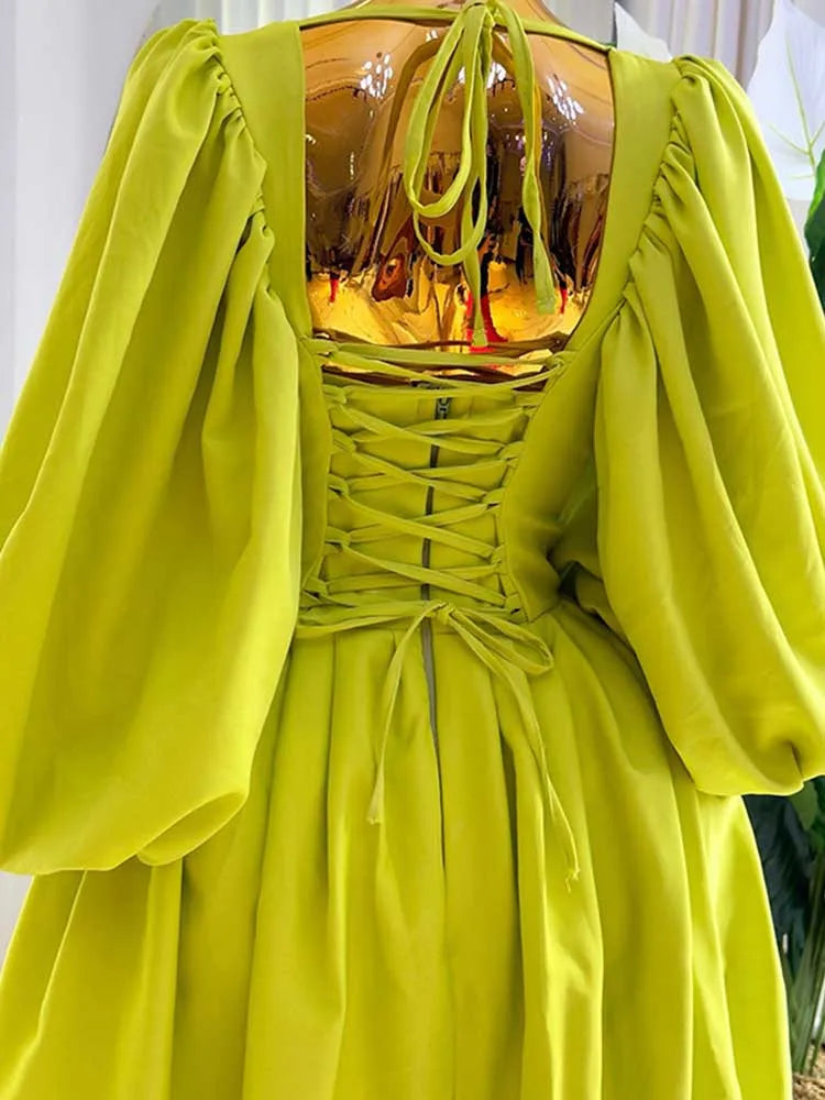 Women Ruched Dresses with Sleeves Spring High Waist Elegant Slash Neck Long Dress Sexy Green Dress Wholesale Dropshipping