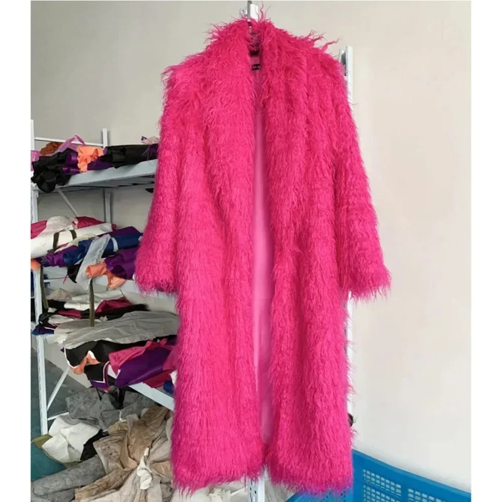 Faux Fur Jacket Women Long Coat Thick Fluffy Winter Warm Shaggy Overcoat Open