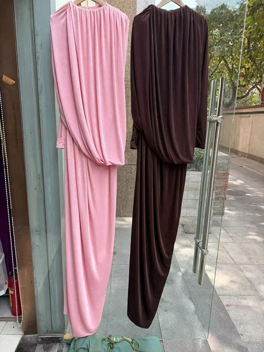 TWOTWINSTYLE Casual Spliced Folds Irregular Dresses for Women Round Neck Long Sleeves Tunic Design Sense Long Dress Female New