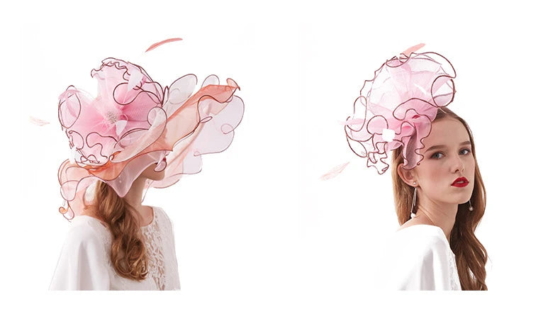Summer Organza Kentucky Derby Hats For Women Elegant Fascinator Hats Ladies Large Wide Brim Church Wedding Hat With Big Flower