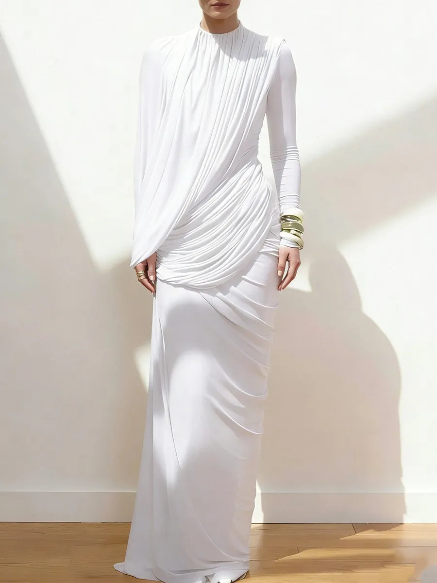TWOTWINSTYLE Casual Spliced Folds Irregular Dresses for Women Round Neck Long Sleeves Tunic Design Sense Long Dress Female New