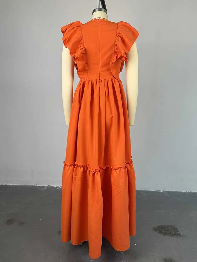 Long Summer Knitted Dress Ruffle Sleeves Casual Orange Dress Women Elegant Luxury Ladies Straight Dresses Wholesale Dropshipping