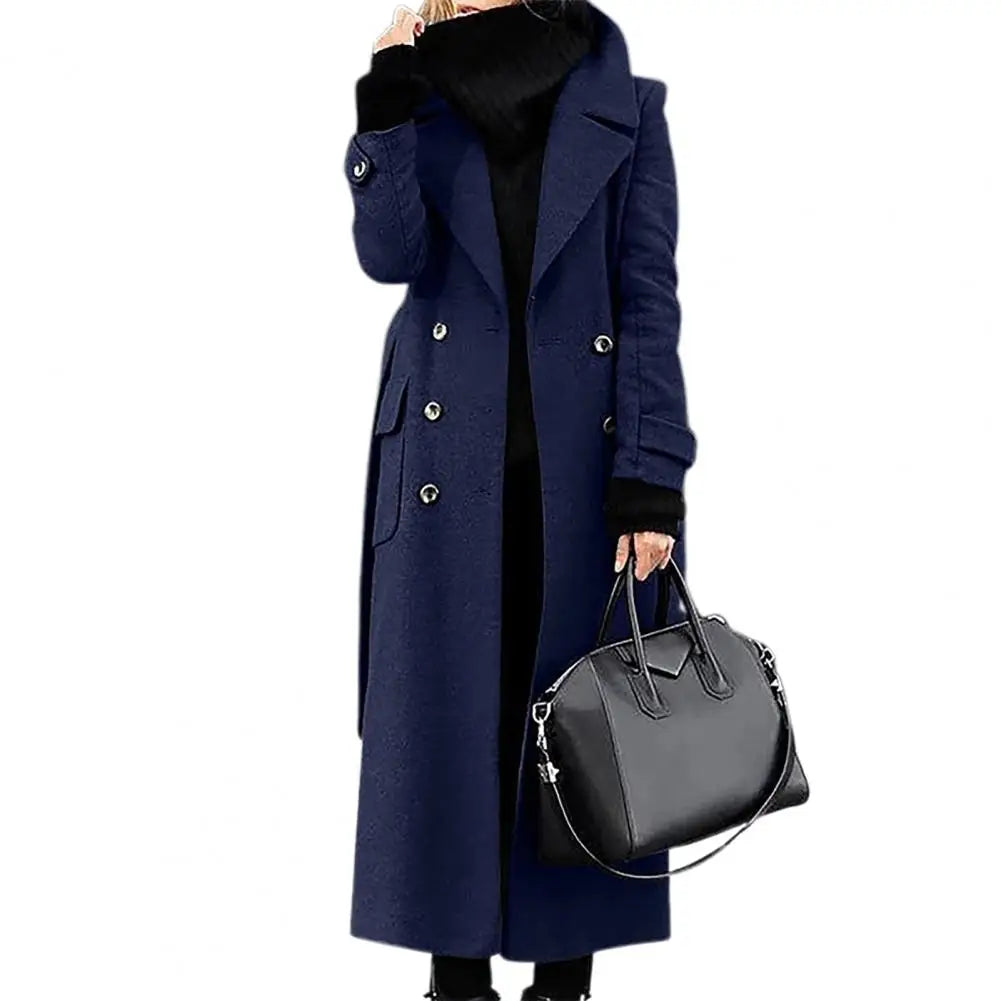 Women's Woollen Double-breasted Mid-calf Long Sleeves Jacket