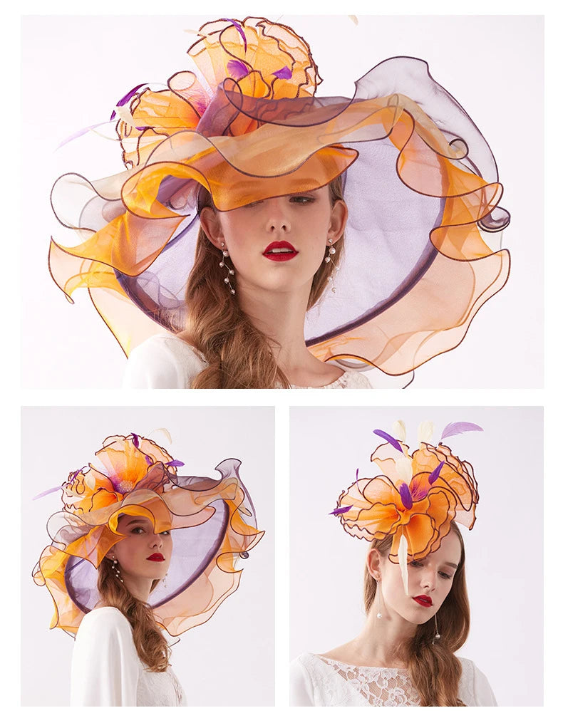 Summer Organza Kentucky Derby Hats For Women Elegant Fascinator Hats Ladies Large Wide Brim Church Wedding Hat With Big Flower