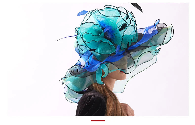 Summer Organza Kentucky Derby Hats For Women Elegant Fascinator Hats Ladies Large Wide Brim Church Wedding Hat With Big Flower