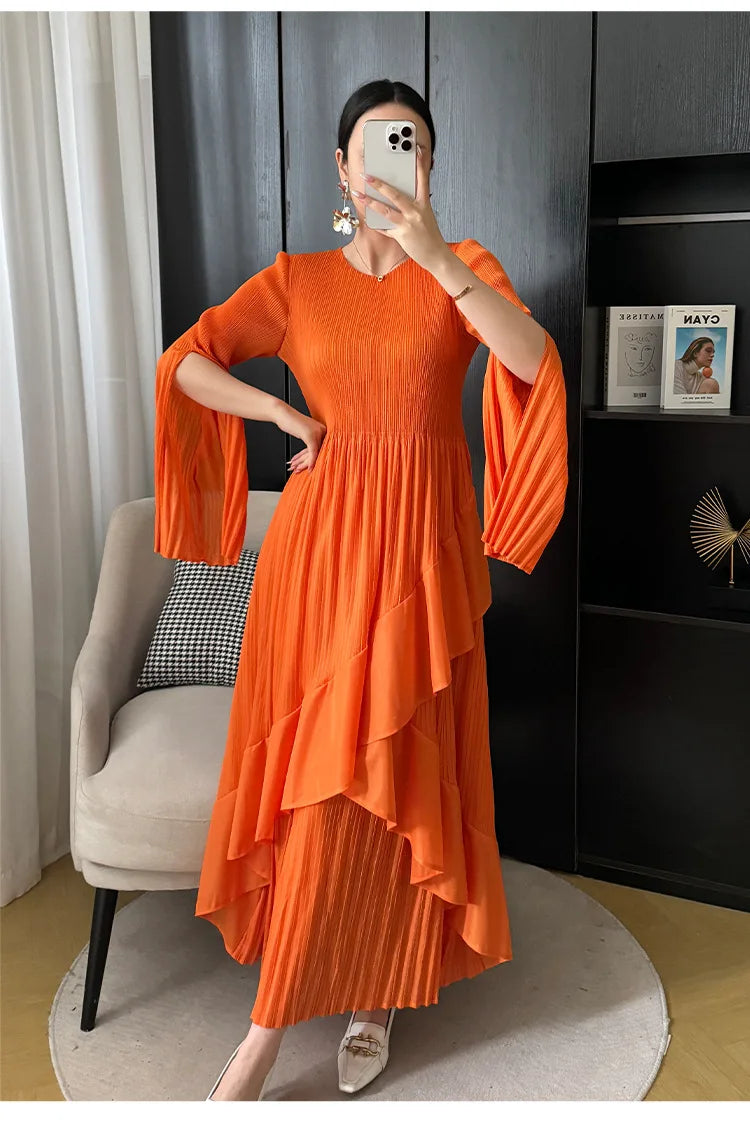 Miyake Folds 2024 Spring New Ruffled Dress Solid Color Plus Size Long Skirt