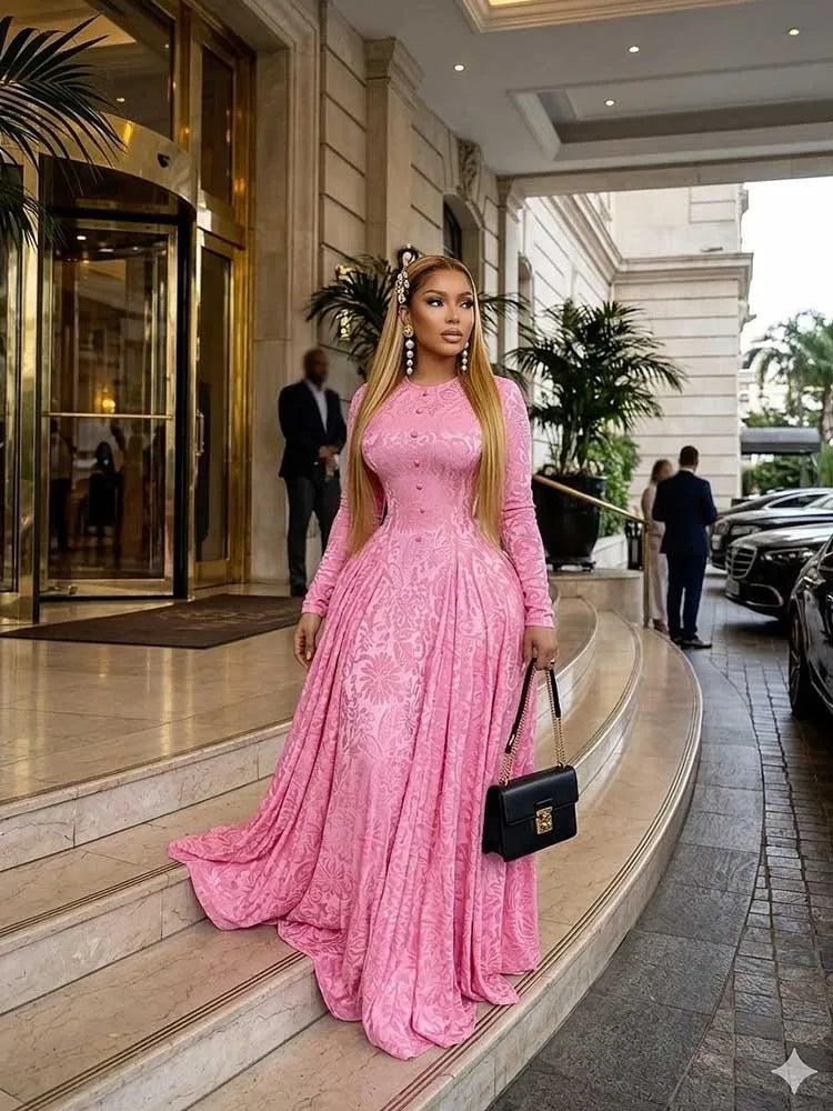 Elegant Luxury Pink Party Dress for Women Fashion High Waist Slim Dress Long Sleeves Maxi Evening Dress Wholesale Dropshipping