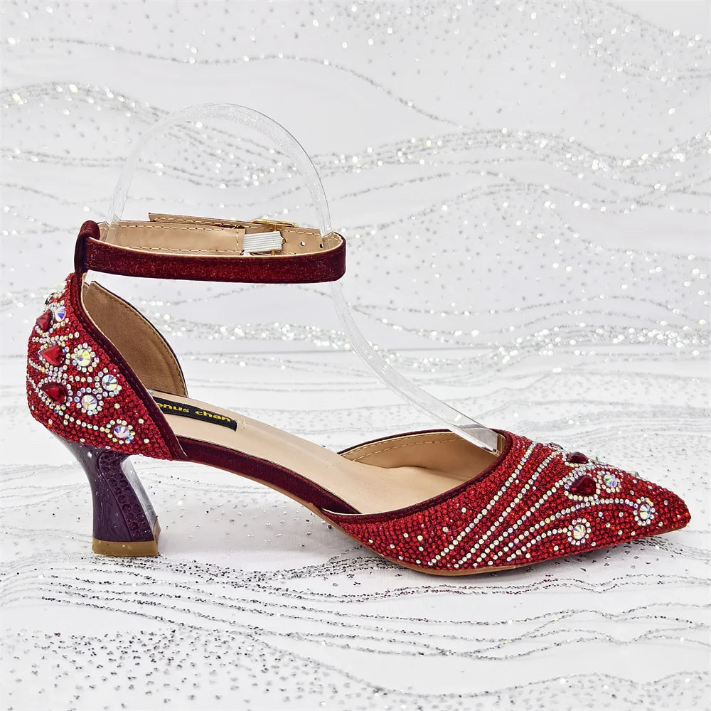 Women's Elegant Rhinestone Pointed Toe Pumps With Matching Shoes And Bag Set