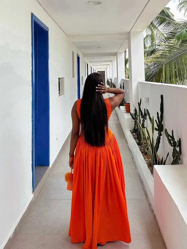 Long Summer Woman Dress Hollow Out Knitted Maxi Dress Beautiful Orange Dress for Women Elegant Party Wholesale Dropshipping