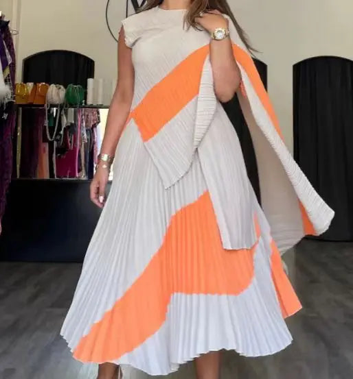 Miyake Fold 2025 Autumn Women's Color Matching New Set Shawl Irregular Top Long Elastic Waist Skirt Two-piece Set