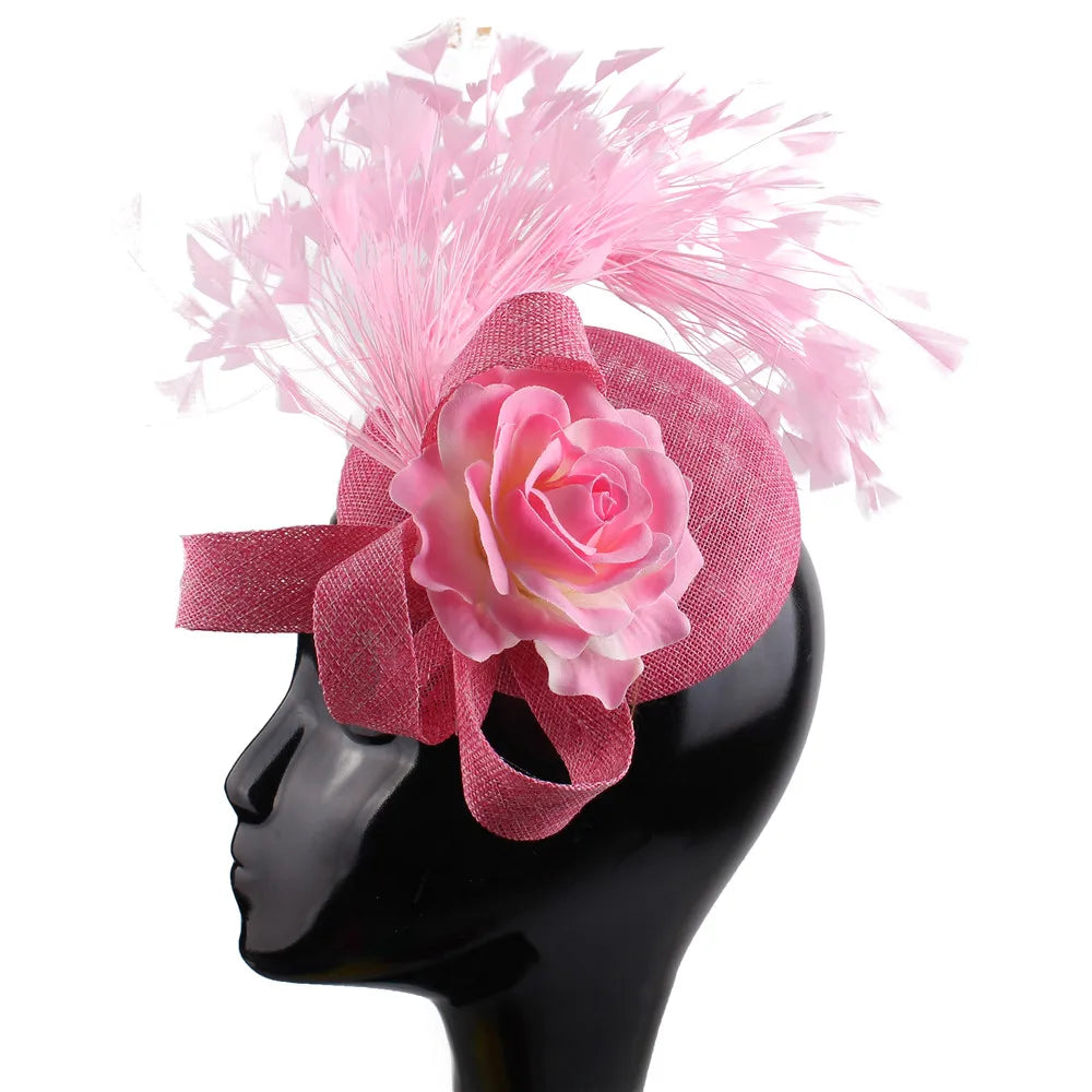 Women's Fascinator Hat With Rose Flower  Elegant Weddings Pillbox Cap Beautiful Luxury Derby Hat Chapeau