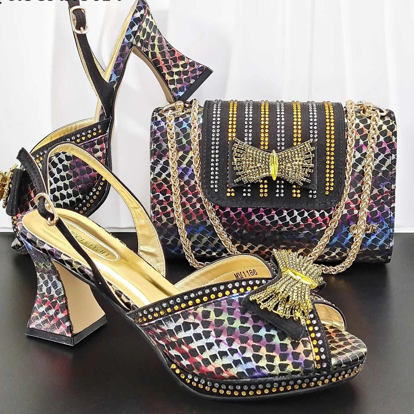 Women's Rhinestone Peep Toe High Heels & Handbag Set | Wedding Party Pumps
