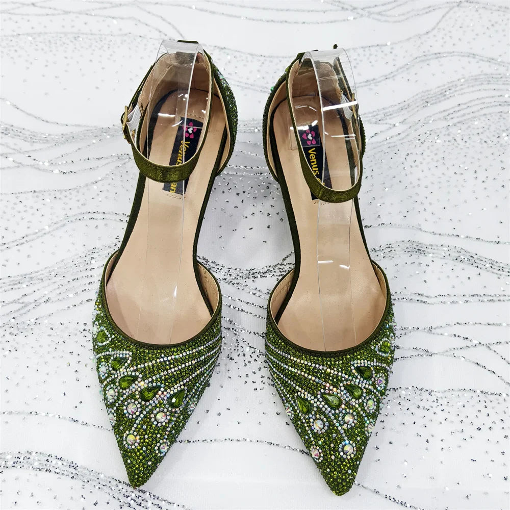 Women's Elegant Rhinestone Pointed Toe Pumps With Matching Shoes And Bag Set