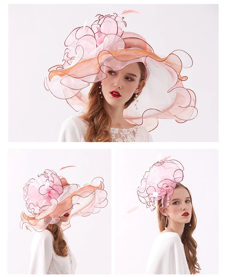 Summer Organza Kentucky Derby Hats For Women Elegant Fascinator Hats Ladies Large Wide Brim Church Wedding Hat With Big Flower