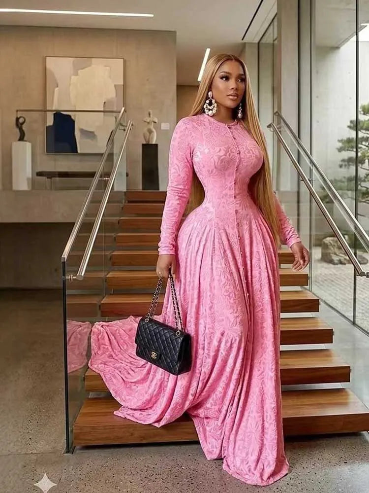 Elegant Luxury Pink Party Dress for Women Fashion High Waist Slim Dress Long Sleeves Maxi Evening Dress Wholesale Dropshipping