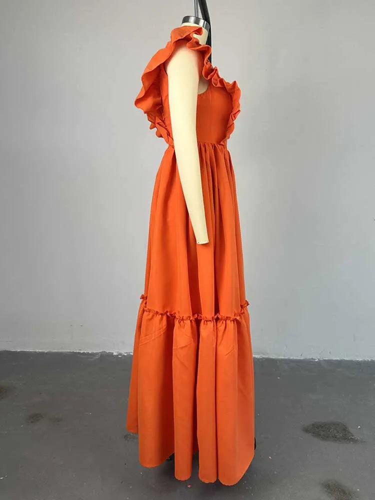 Long Summer Knitted Dress Ruffle Sleeves Casual Orange Dress Women Elegant Luxury Ladies Straight Dresses Wholesale Dropshipping