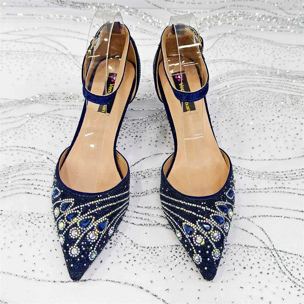 Women's Elegant Rhinestone Pointed Toe Pumps With Matching Shoes And Bag Set