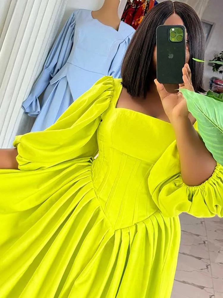 Women Ruched Dresses with Sleeves Spring High Waist Elegant Slash Neck Long Dress Sexy Green Dress Wholesale Dropshipping