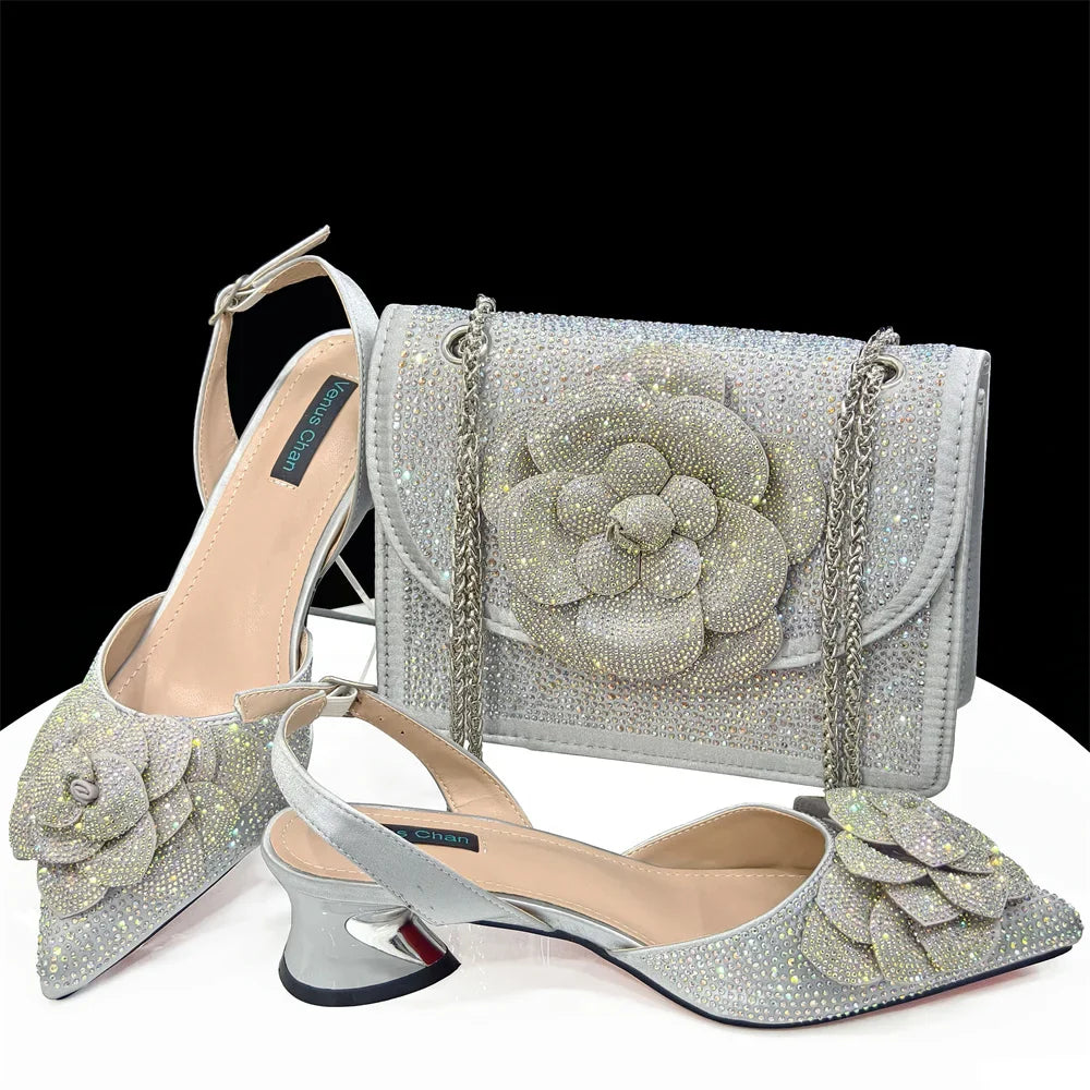 Women's Pointed-Toe Large Flower Decoration Rhinestone Low Heel Italian Shoes and Bags Set