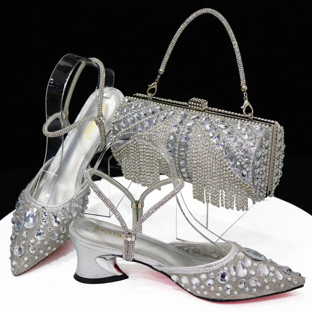 Women's Italian Diamond Lace Designer Matching Shoe and Bag Set