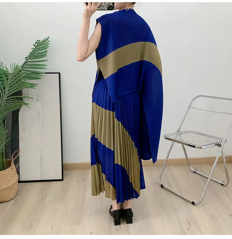Miyake Fold 2025 Autumn Women's Color Matching New Set Shawl Irregular Top Long Elastic Waist Skirt Two-piece Set