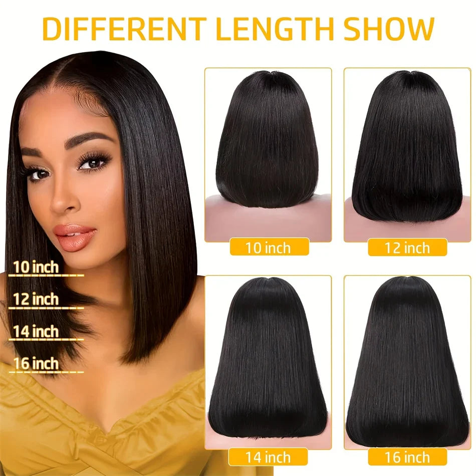 16Inch Vietnamese Super Double Drawn Bone Straight 13x4 Frontal Bob Wig with Human Hair Natural Black 210%Density For BlackWomen