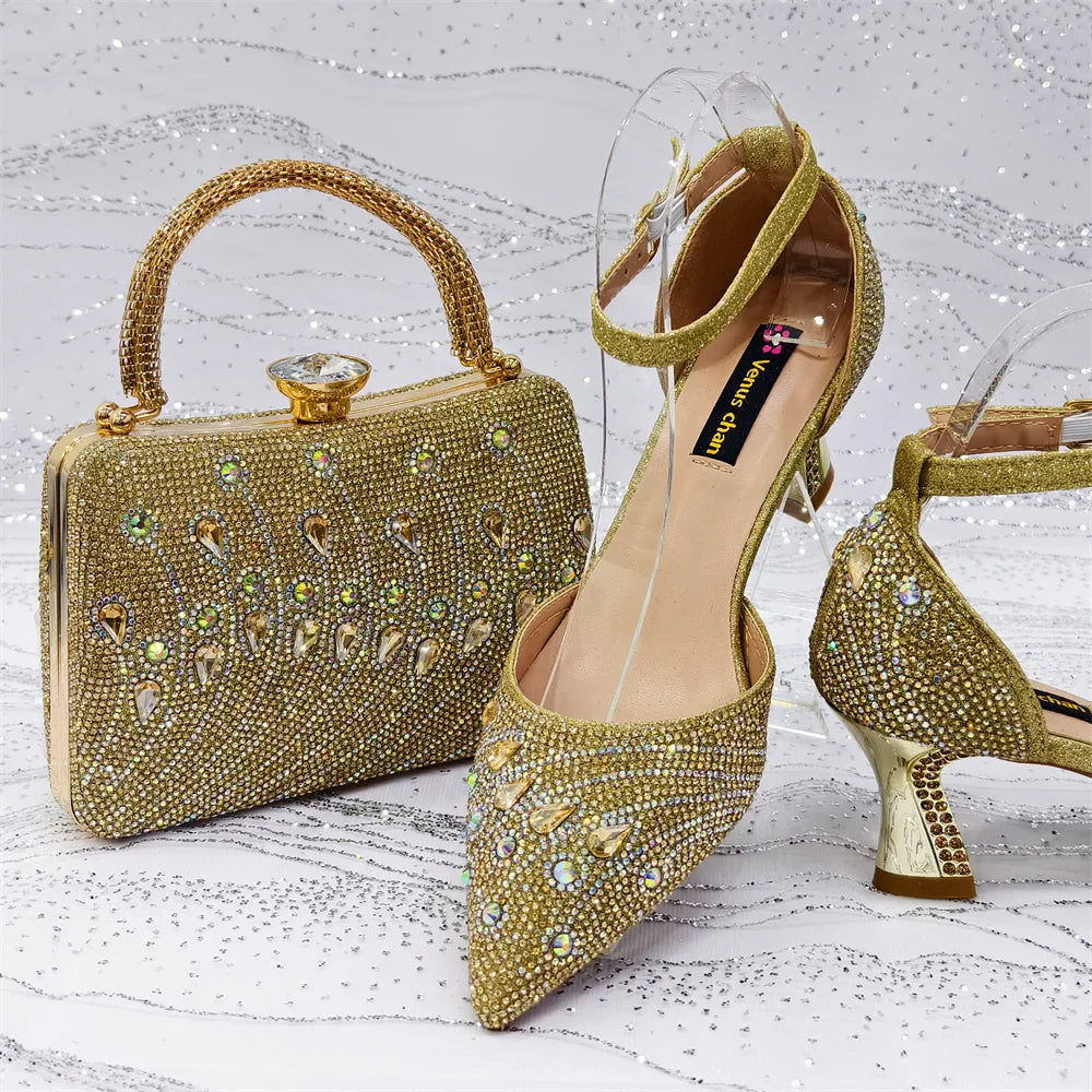 Women's Elegant Rhinestone Pointed Toe Pumps With Matching Shoes And Bag Set