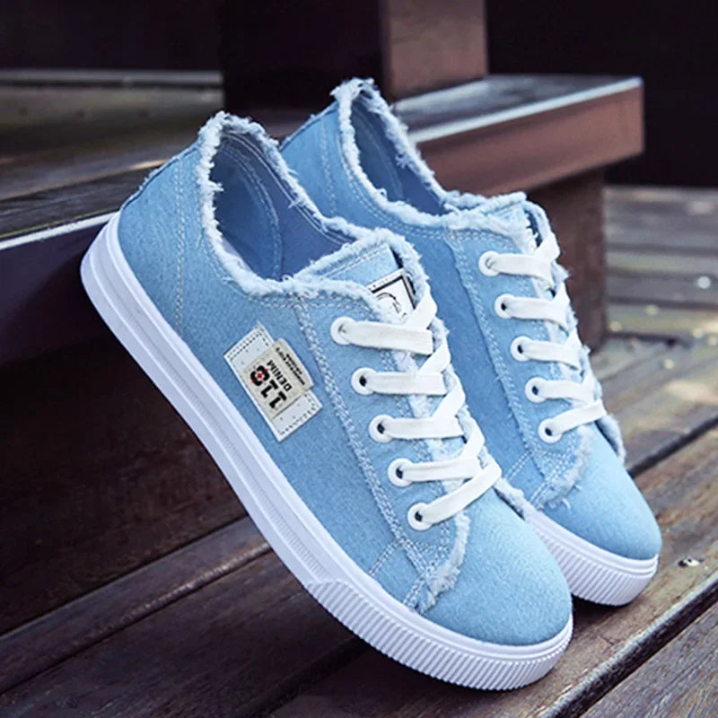 Women's Denim Canvas Sneakers | Low Top Lace-Up Flat Board Shoes | HotTrendyPicks