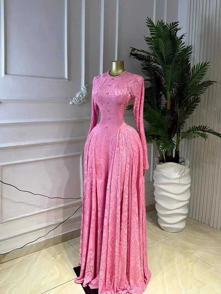 Elegant Luxury Pink Party Dress for Women Fashion High Waist Slim Dress Long Sleeves Maxi Evening Dress Wholesale Dropshipping