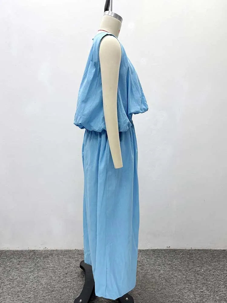 Sets for Women 2 Elegant Pieces Sky Blue Sleeveless Top and Wide Leg Pant Casual Loose Fit Summer Outfits Knit Pants Set