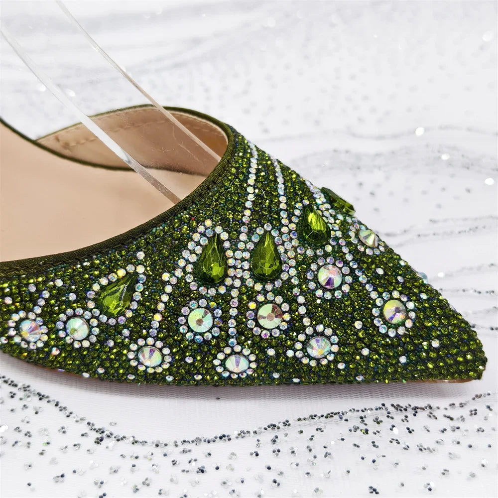 Women's Elegant Rhinestone Pointed Toe Pumps With Matching Shoes And Bag Set