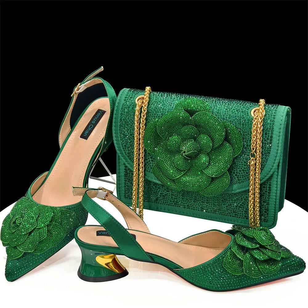 Women's Pointed-Toe Large Flower Decoration Rhinestone Low Heel Italian Shoes and Bags Set