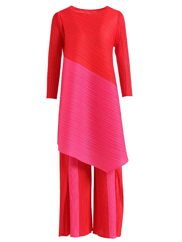 Miyake Pleated Sets Contrast Color O-neck Asymmetric Top Dress+ Loose Wide Leg Pant Two-piece Casual Suits 2022 Autumn Fashion